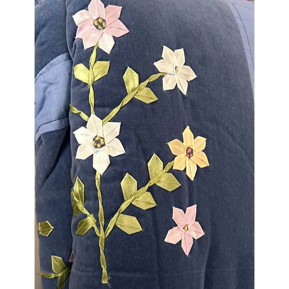 Vtg Patchwork Velvet Cotton Throw Blanket Handmade Quilt 50 x 60” Cottage Floral